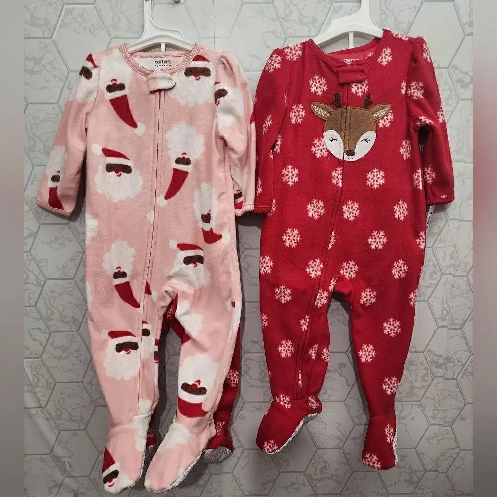 New Toddler  girl's fleece Christmas footed pajama bundle